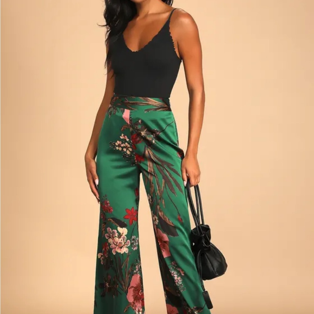 Thriving Vibes Green Floral Print Satin Wide-Leg Pants